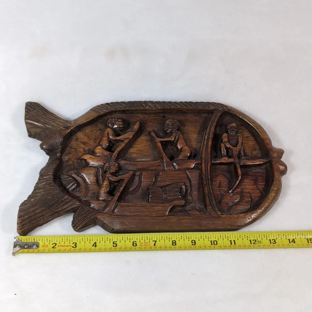 Hand Carved Wood Fishing Scene Wall Art – Primitive Tribal Relief Plaque – Boho
